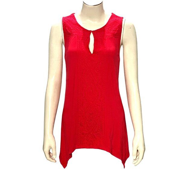 Adrianna Papell Red Sleeveless Tunic Embroidered Front Handkerchief Hem Upscale - Picture 2 of 11